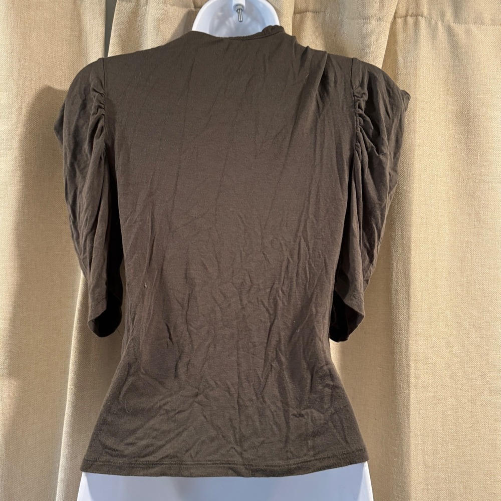 Joe & Elle Olive Brown Ruched Sleeve Top Mock Neck Made in USA - Picture 3 of 5